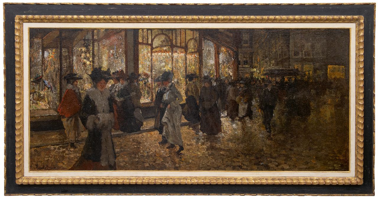 Helfferich F.W. | Franciscus Willem 'Frans' Helfferich | Paintings offered for sale | Evening shopping in The Hague, oil on canvas 70.6 x 156.4 cm, signed l.l. Helfferich F.W. | Franciscus Willem 'Frans' Helfferich | Paintings offered for sale | Evening shopping in The Hague, oil on canvas 70.6 x 156.4 cm, signed l.l.