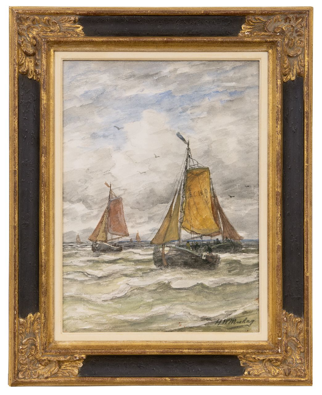 Mesdag H.W. | Hendrik Willem Mesdag | Watercolours and drawings offered for sale | Return of the fishing fleet, Scheveningen, charcoal and watercolour on paper 38.0 x 27.4 cm, signed l.r. Mesdag H.W. | Hendrik Willem Mesdag | Watercolours and drawings offered for sale | Return of the fishing fleet, Scheveningen, charcoal and watercolour on paper 38.0 x 27.4 cm, signed l.r.