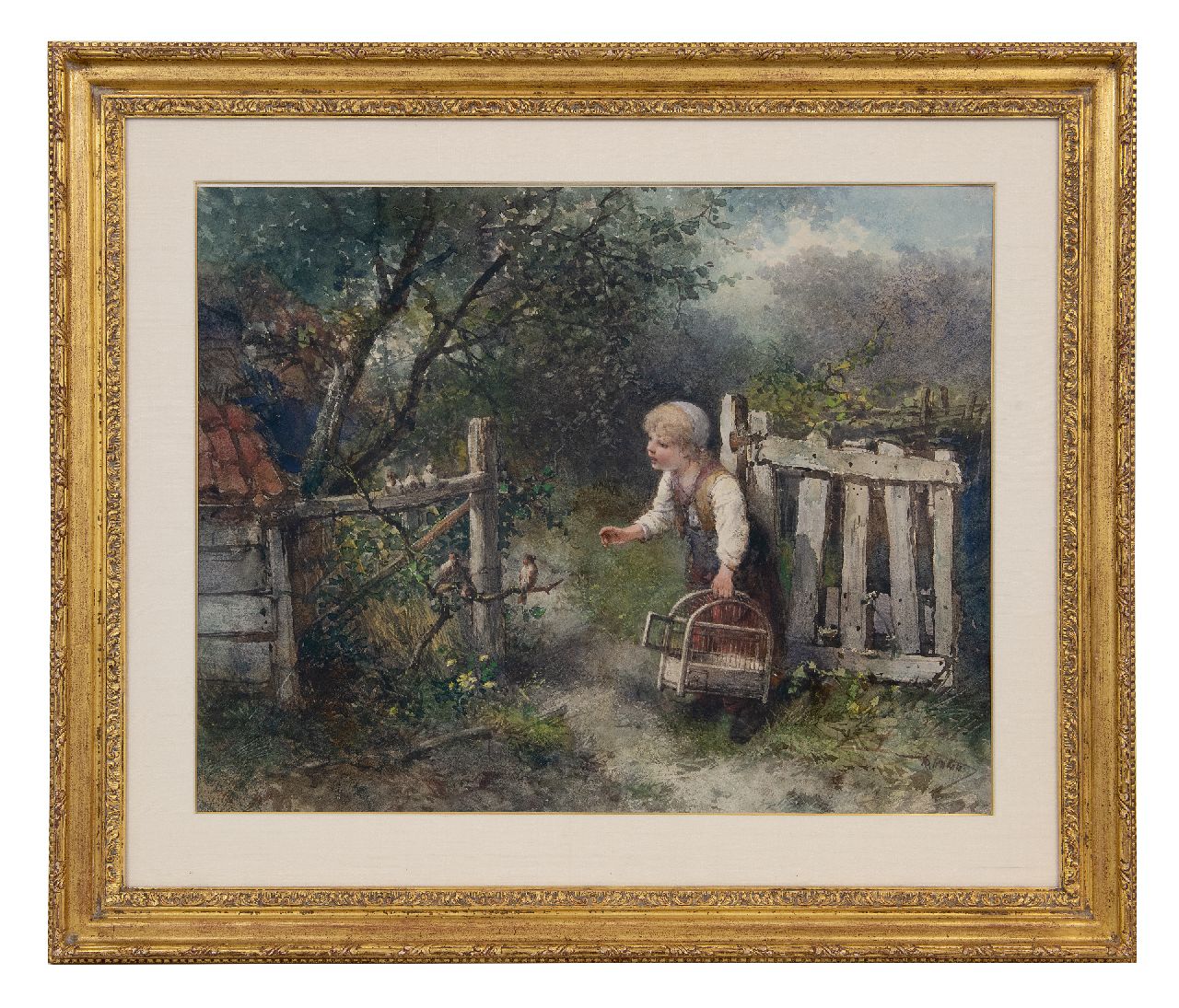 Kate J.M.H. ten | Johan 'Mari' Henri ten Kate | Watercolours and drawings offered for sale | The little bird catcher, watercolour on paper 48.0 x 61.0 cm, signed l.r.