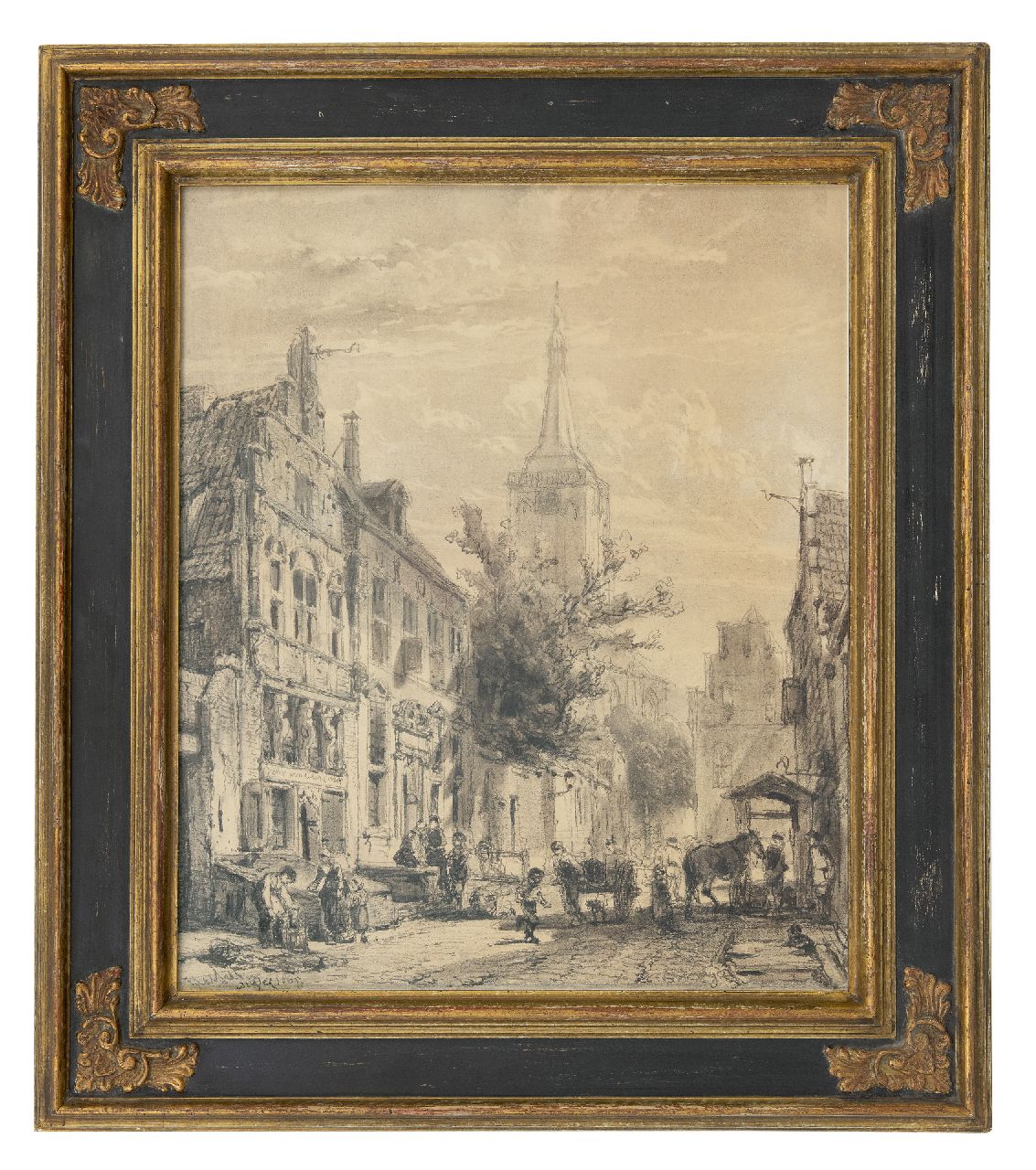 Springer C.  | Cornelis Springer | Watercolours and drawings offered for sale | View of the Nieuwstraat in Hasselt, Overijssel, charcoal on paper 61.1 x 51.0 cm, signed l.r. and dated Hasselt April 1863