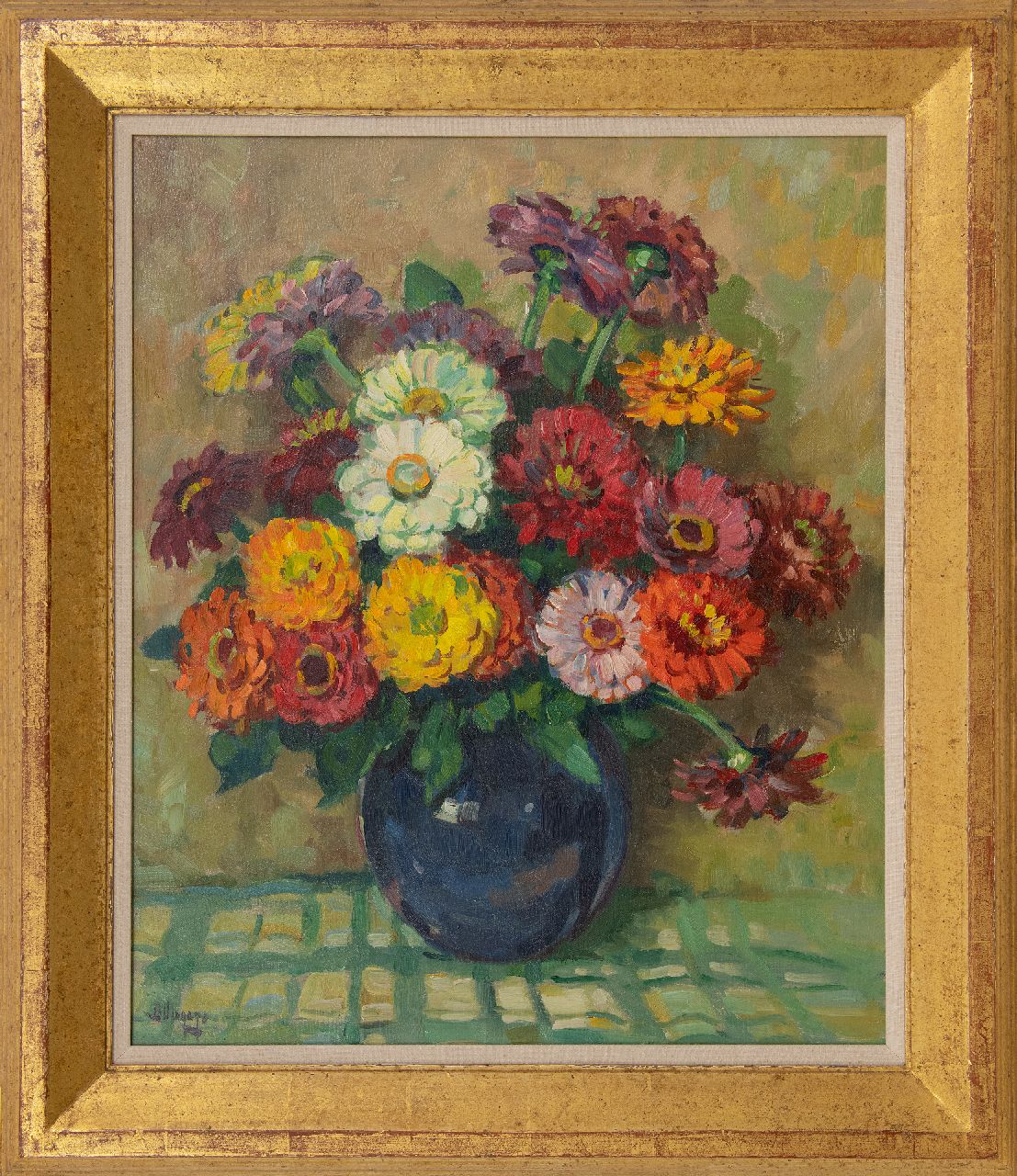 Viegers B.P.  | Bernardus Petrus 'Ben' Viegers | Paintings offered for sale | Zinnias in a blue vase, oil on canvas 60.3 x 50.4 cm, signed l.l.