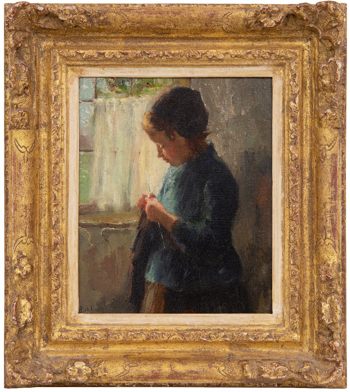 Hoog J.B. de | Johan 'Bernard' de Hoog | Paintings offered for sale | A girl knitting, oil on panel 16.7 x 13.7 cm, signed l.l.
