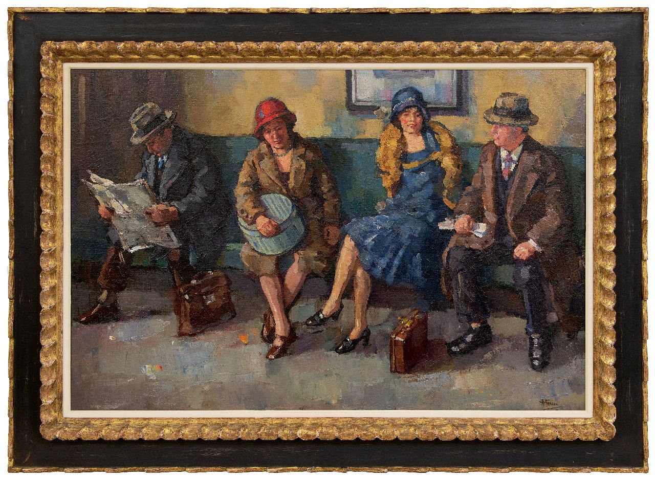 Fresco A.  | Abraham Fresco, Travellers in a station, oil on canvas laid down on panel 60.9 x 90.0 cm, signed l.r.