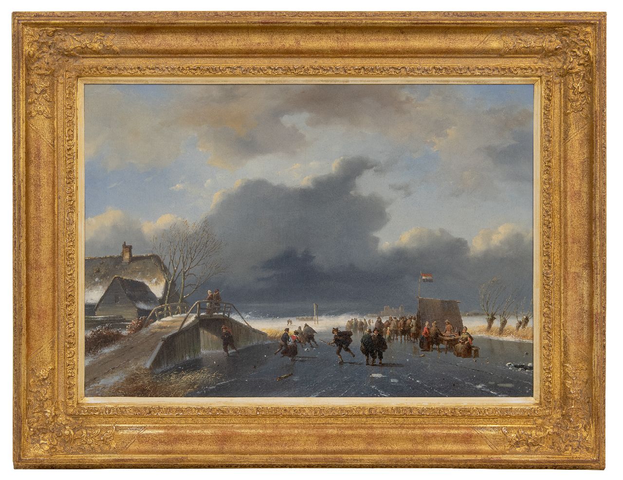 Roosenboom/Verboeckhoven Nicolaas Johannes/Eugène  | N.J./E. Roosenboom/Verboeckhoven | Paintings offered for sale | Skating fun with an approaching snowstorm (figures by Eugène Verboeckhoven), oil on canvas 48.1 x 68.0 cm