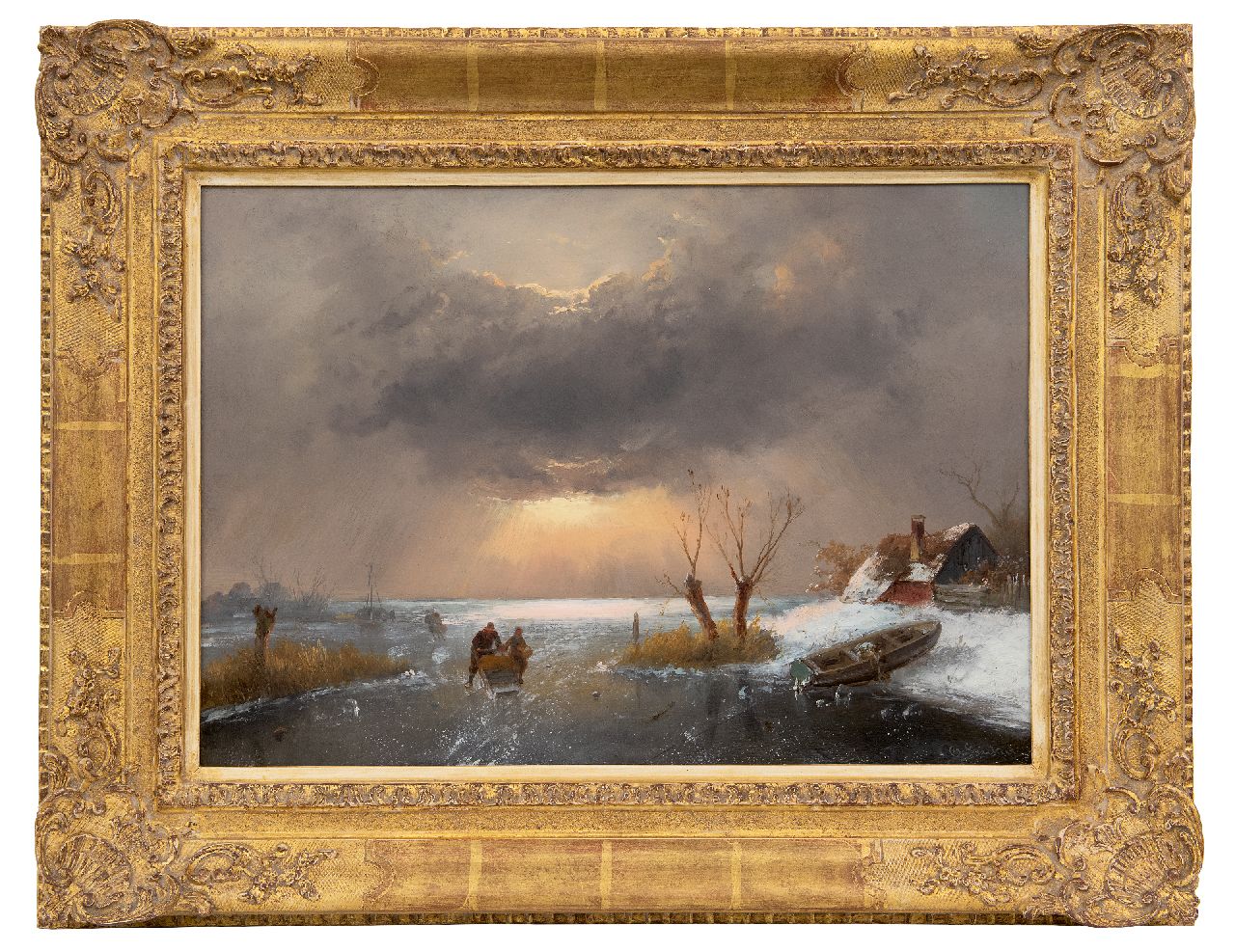Leickert C.H.J.  | 'Charles' Henri Joseph Leickert, Dutch winter with skaters at sunset, oil on panel 33.8 x 48.2 cm, signed l.r.