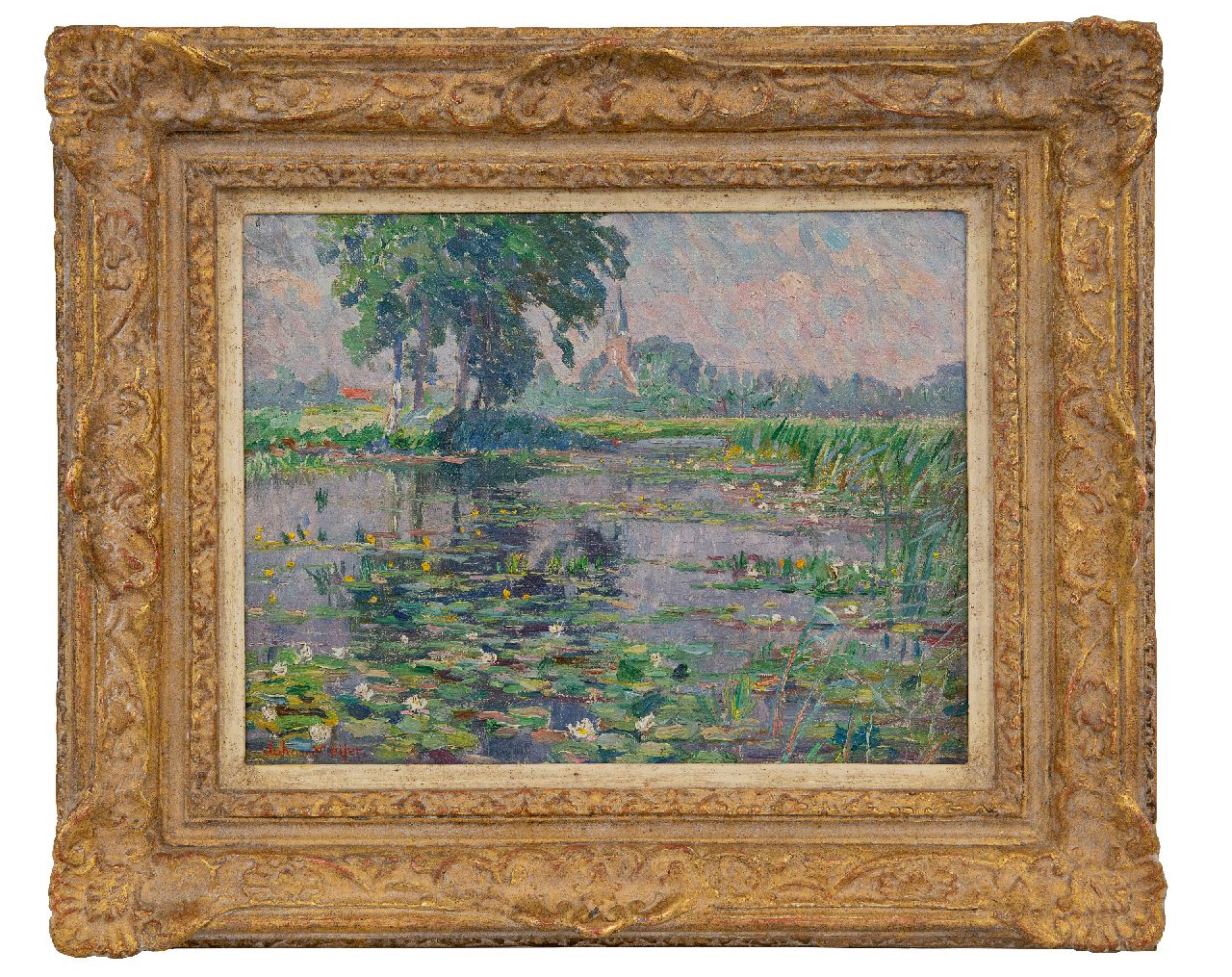 Meijer J.  | Johannes 'Johan' Meijer | Paintings offered for sale | View of a pond with blooming water lilies and a village church in the distance, oil on canvas 23.0 x 30.0 cm