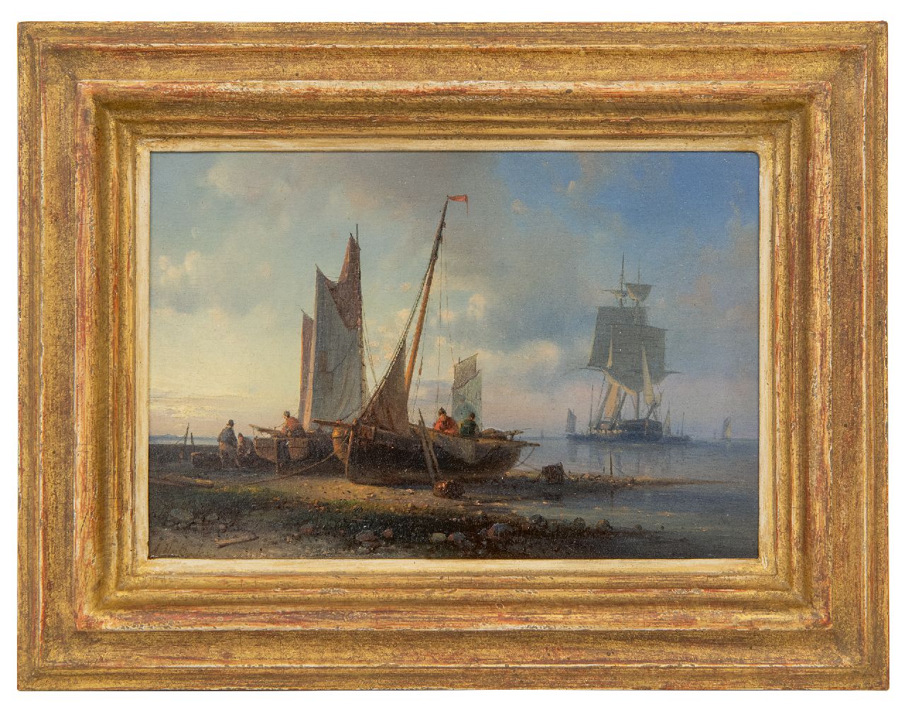 Hulk A.  | Abraham Hulk | Paintings offered for sale | Coastal scene with a frigate at anchor and fishing boats on the shore, oil on panel 16.4 x 24.4 cm, signed l.l.