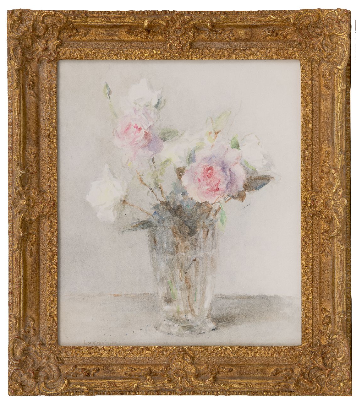 Groningen L. van | Lucie 'Loes' van Groningen | Watercolours and drawings offered for sale | Roses in a glass vase, watercolour on paper 44.0 x 36.2 cm, gesigneerd linksonder Groningen L. van | Lucie 'Loes' van Groningen | Watercolours and drawings offered for sale | Roses in a glass vase, watercolour on paper 44.0 x 36.2 cm, gesigneerd linksonder