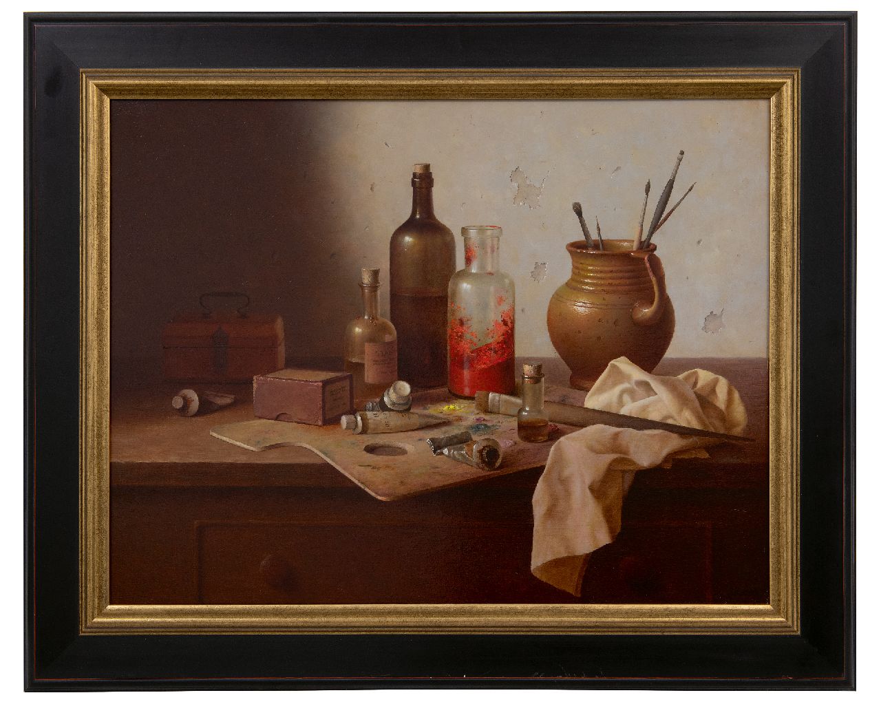 Bubarnik A.G.  | Andreas Gyula Bubarnik | Paintings offered for sale | Still life of painters' attributes on a workbench, oil on panel 50.0 x 65.0 cm, signed l.r.
