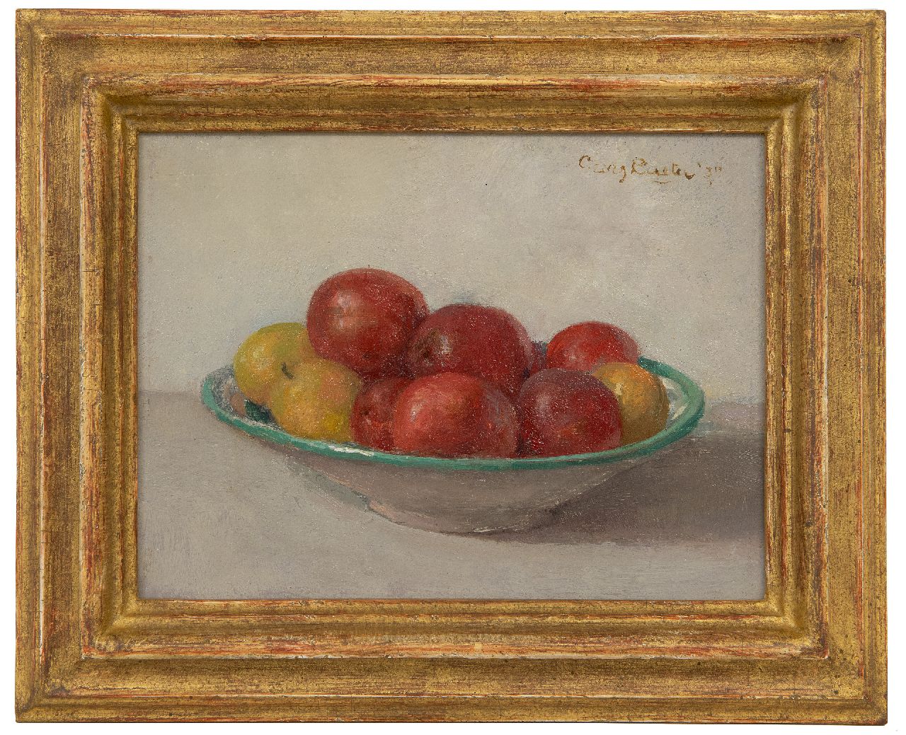 Rueter W.C.G.  | Wilhelm Christian 'Georg' Rueter | Paintings offered for sale | Still life with fruit on a small dish, oil on panel 17.6 x 23.3 cm, signed u.r. and dated '37