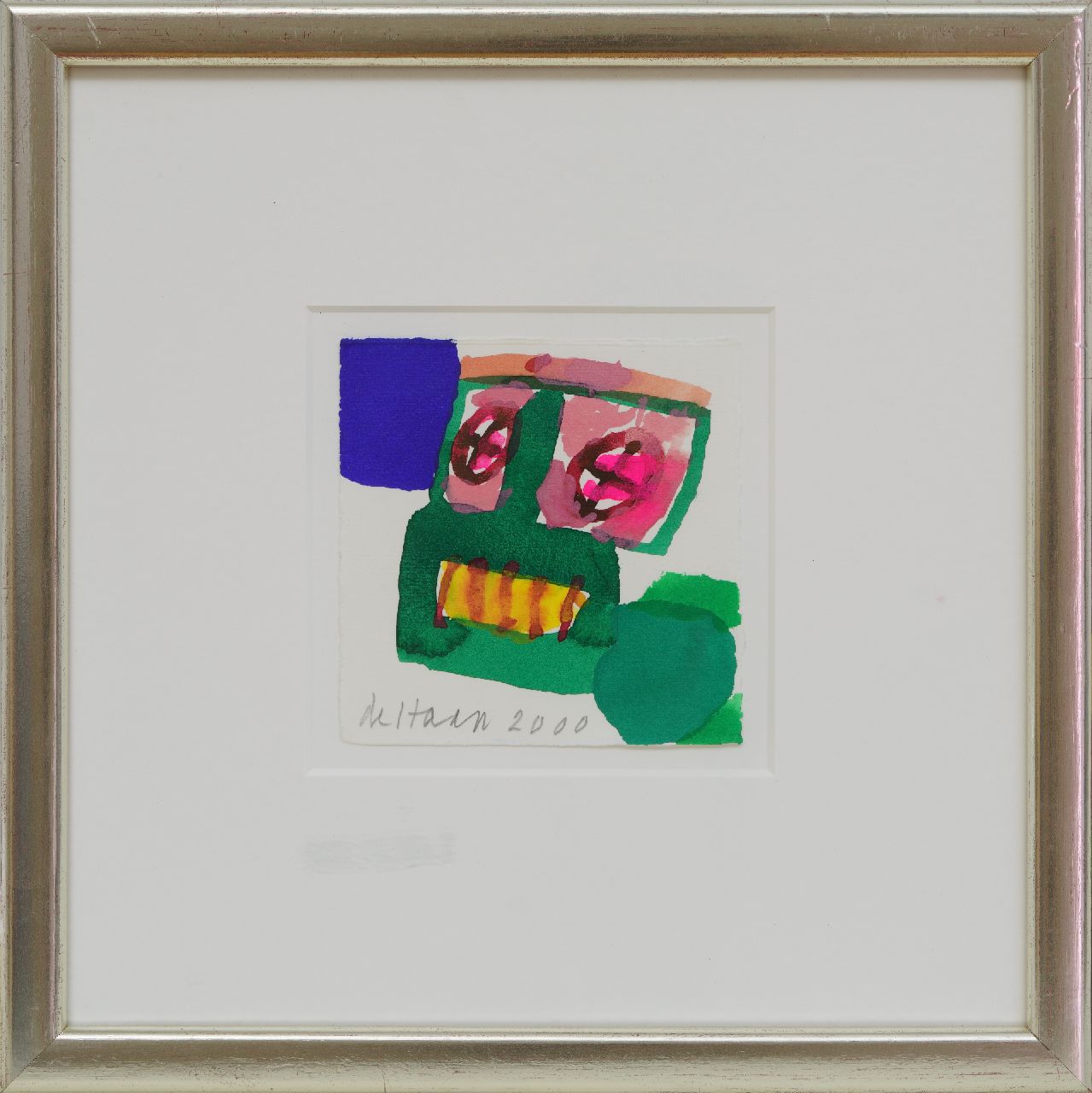 Haan J. de | Jurjen de Haan | Watercolours and drawings offered for sale | Composition with head, gouache on paper 12.2 x 12.0 cm, signed l.l. and dated 2000