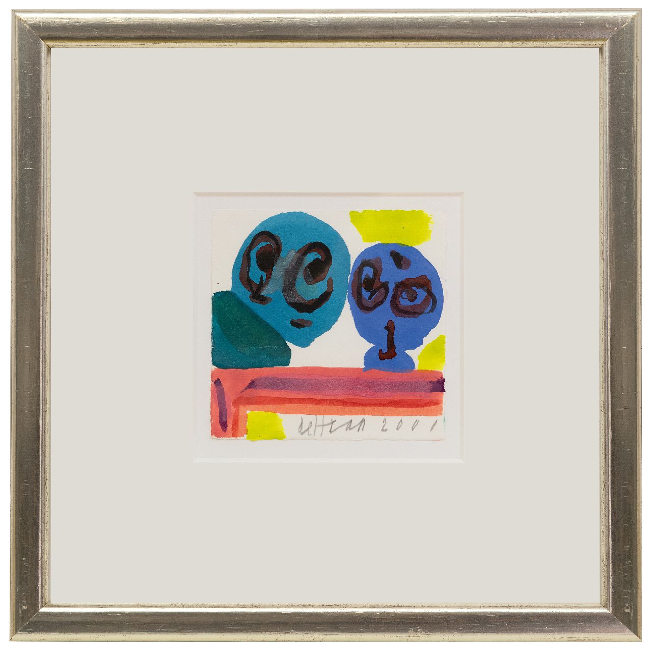 Haan J. de | Jurjen de Haan | Watercolours and drawings offered for sale | Two figures, gouache on paper 12.0 x 12.2 cm, signed l.c. and dated 2001