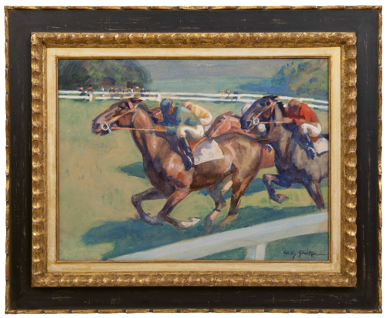 Sluiter J.W.  | Jan Willem 'Willy' Sluiter | Watercolours and drawings offered for sale | The horserace, watercolour and gouache on paper 48.4 x 64.7 cm, signed l.r.