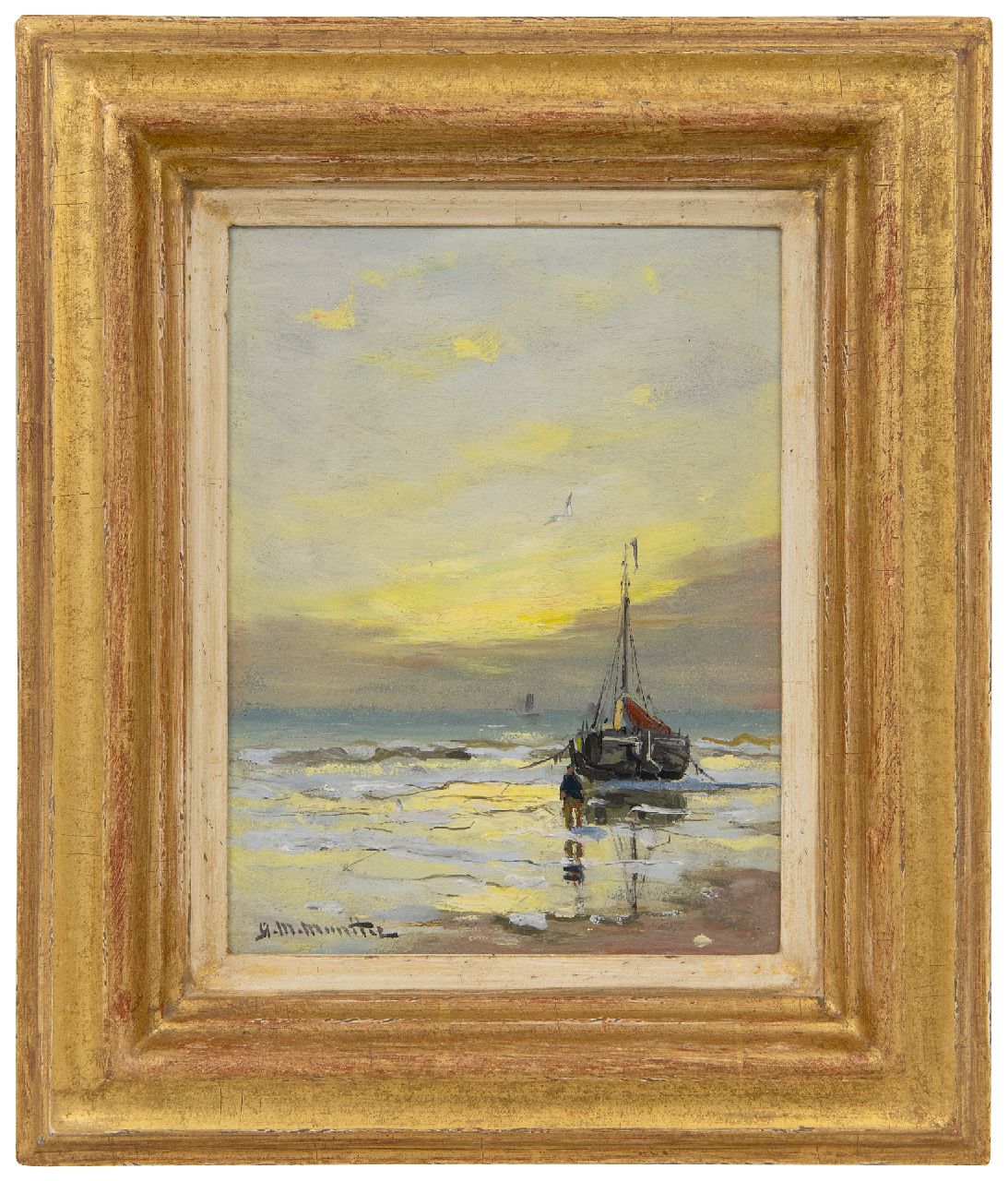 Munthe G.A.L. | Gerhard Arij Ludwig 'Morgenstjerne' Munthe | Paintings offered for sale | fishing boat in the surf at sunset, oil on painter's board 20.0 x 14.8 cm, signed l.l. Munthe G.A.L. | Gerhard Arij Ludwig 'Morgenstjerne' Munthe | Paintings offered for sale | fishing boat in the surf at sunset, oil on painter's board 20.0 x 14.8 cm, signed l.l.