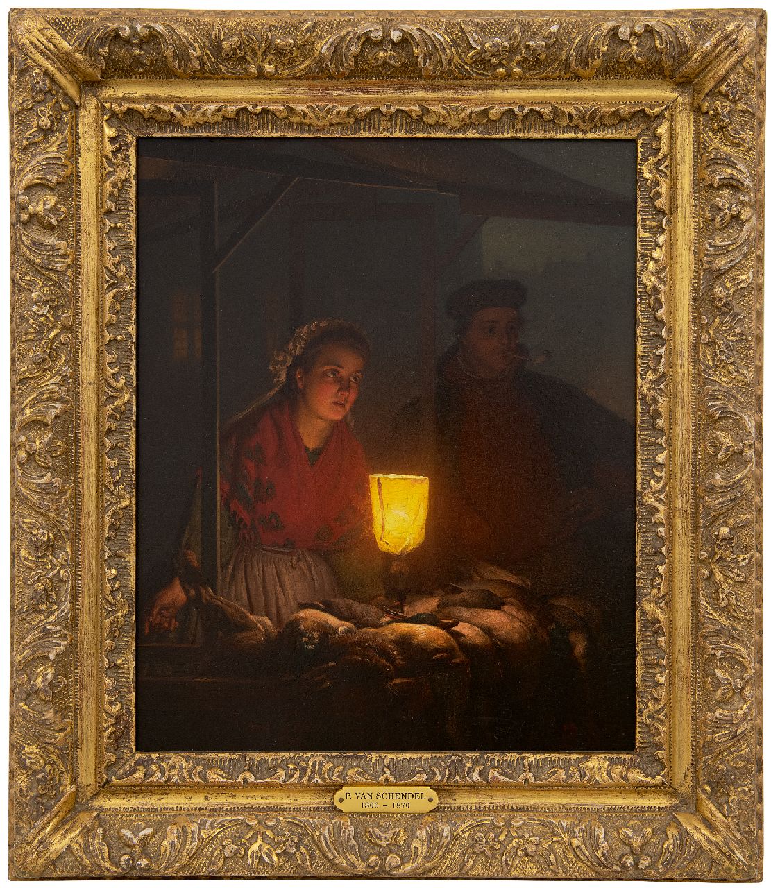 Schendel P. van | Petrus van Schendel | Paintings offered for sale | Fish seller by candlelight, oil on panel 30.5 x 25.2 cm, signed l.l. and dated 1865 Schendel P. van | Petrus van Schendel | Paintings offered for sale | Fish seller by candlelight, oil on panel 30.5 x 25.2 cm, signed l.l. and dated 1865