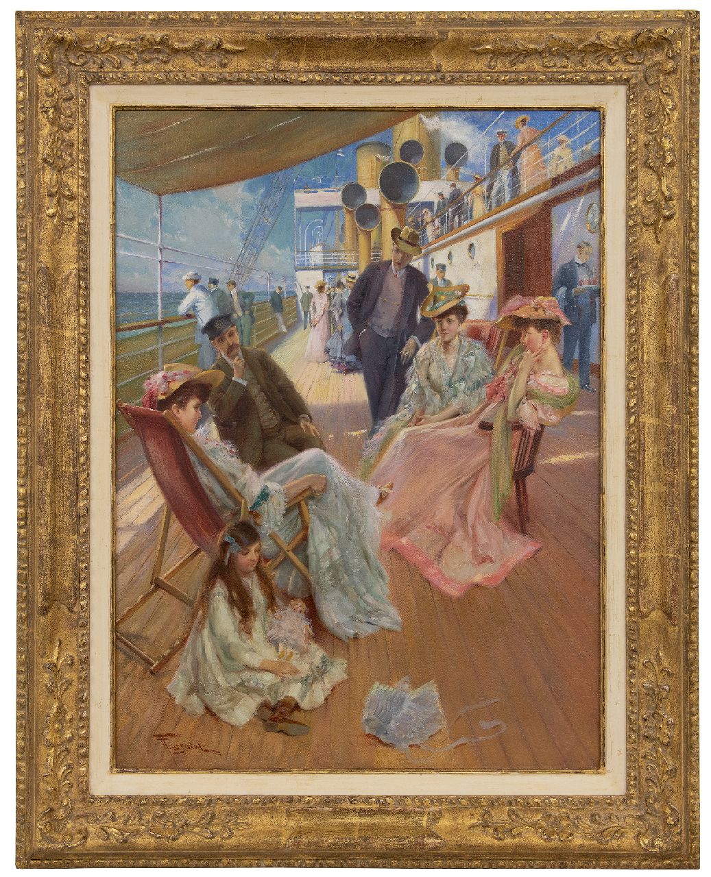Toussaint F. | Fernand Toussaint | Paintings offered for sale | Elegant company gathering on board an ocean liner, oil on canvas 73.6 x 54.3 cm, signed l.l. Toussaint F. | Fernand Toussaint | Paintings offered for sale | Elegant company gathering on board an ocean liner, oil on canvas 73.6 x 54.3 cm, signed l.l.