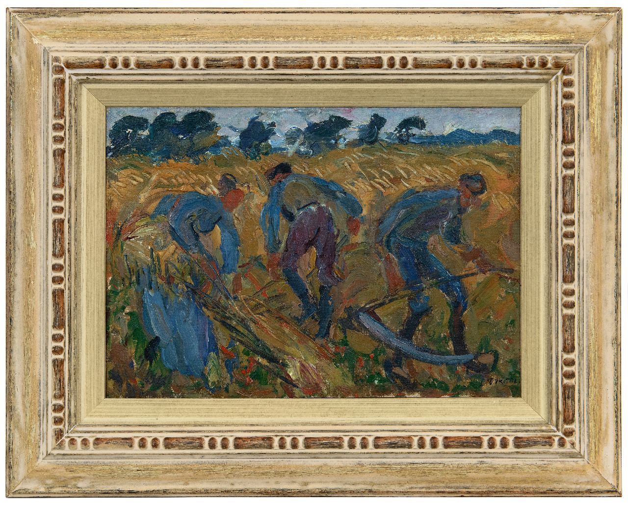 Dijkstra J.  | Johannes 'Johan' Dijkstra | Paintings offered for sale | Mowing farm laborers, Groningen, oil on canvas laid down on panel 21.3 x 30.2 cm, signed l.r. and ca. '20