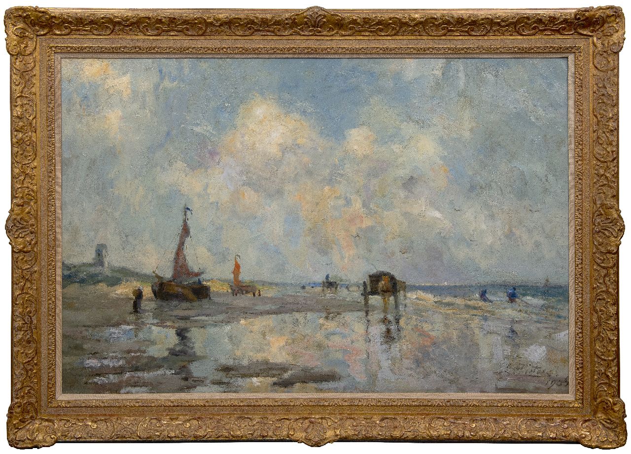 Pieters E.  | Evert Pieters, Beach at Katwijk with barges and shellfishers, oil on canvas 85.5 x 130.2 cm, signed l.r. and dated 1906