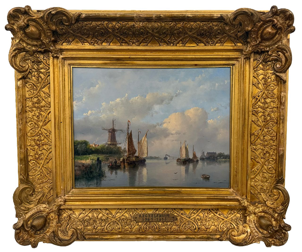 Schelfhout A. | Andreas Schelfhout | Paintings offered for sale | A summer river view with sailing ships, a steamship in the distance., oil on panel 22.0 x 29.0 cm, signed l.l. and dated '58 Schelfhout A. | Andreas Schelfhout | Paintings offered for sale | A summer river view with sailing ships, a steamship in the distance., oil on panel 22.0 x 29.0 cm, signed l.l. and dated '58