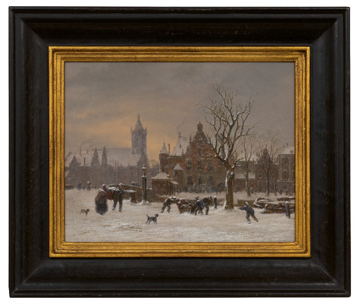 Hove B.J. van | Bartholomeus Johannes 'Bart' van Hove | Paintings offered for sale | winter town view with the Old Church of Delft, oil on panel 24.7 x 31.5 cm, signed l.l. Hove B.J. van | Bartholomeus Johannes 'Bart' van Hove | Paintings offered for sale | winter town view with the Old Church of Delft, oil on panel 24.7 x 31.5 cm, signed l.l.