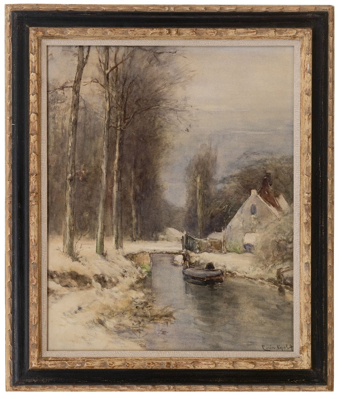 Apol L.F.H.  | Lodewijk Franciscus Hendrik 'Louis' Apol | Watercolours and drawings offered for sale | Winter scene with house along a canal, gouache on paper 58.0 x 47.0 cm, signed l.r.