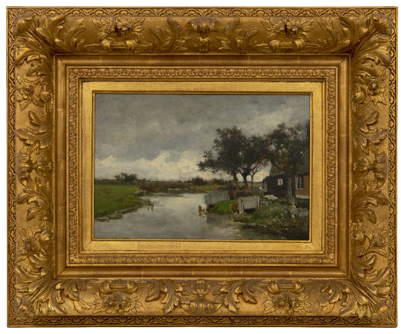 Weissenbruch H.J. | Hendrik Johannes 'J.H.' Weissenbruch | Paintings offered for sale | Laundry day (possible view from the backyard of the inn 'Het Vliegende Paard', Nieuwkoop), oil on panel 23.9 x 36.1 cm, signed l.r. Weissenbruch H.J. | Hendrik Johannes 'J.H.' Weissenbruch | Paintings offered for sale | Laundry day (possible view from the backyard of the inn 'Het Vliegende Paard', Nieuwkoop), oil on panel 23.9 x 36.1 cm, signed l.r.