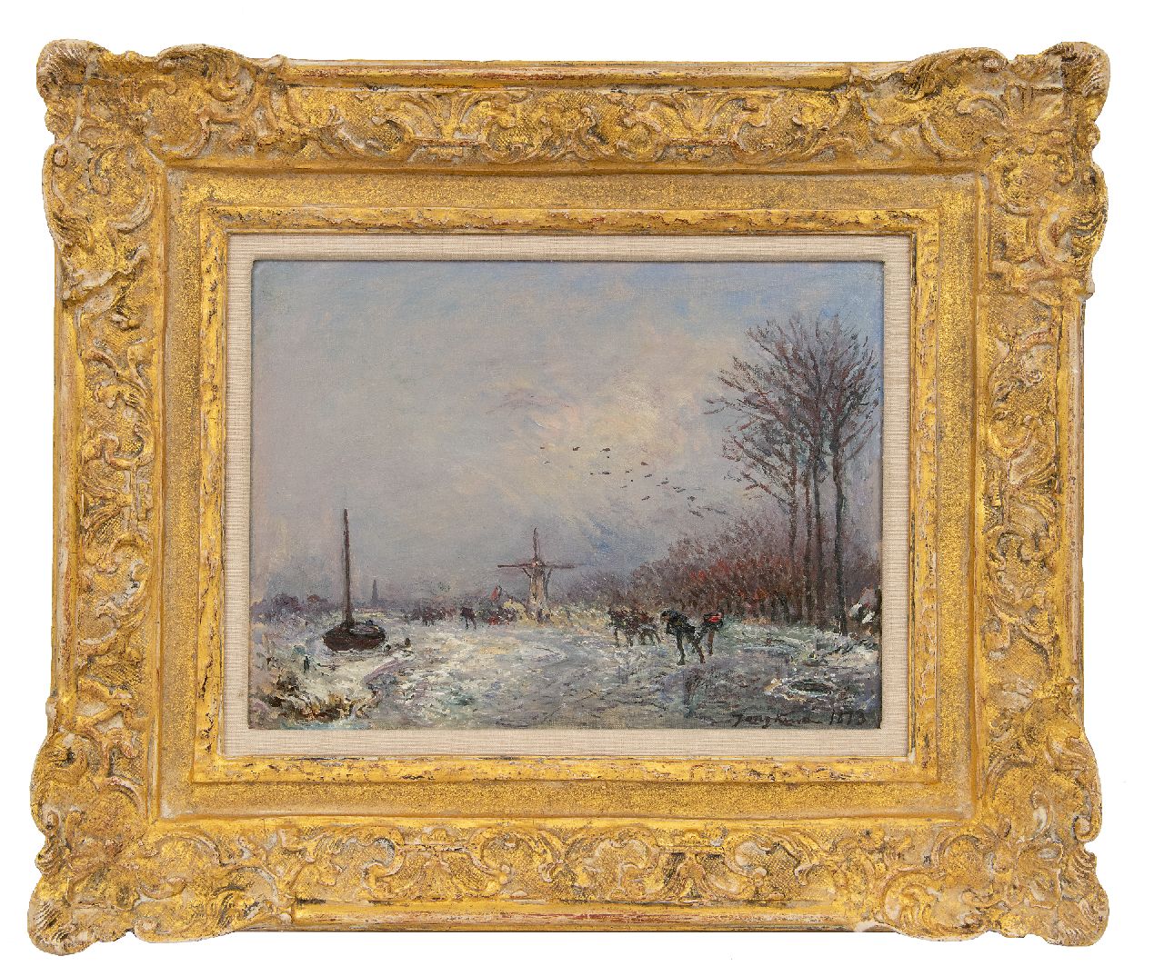 Jongkind J.B. | Johan Barthold Jongkind | Paintings offered for sale | Dutch canal with skaters, oil on canvas 25.2 x 35.3 cm, signed l.r. and dated 1873 Jongkind J.B. | Johan Barthold Jongkind | Paintings offered for sale | Dutch canal with skaters, oil on canvas 25.2 x 35.3 cm, signed l.r. and dated 1873