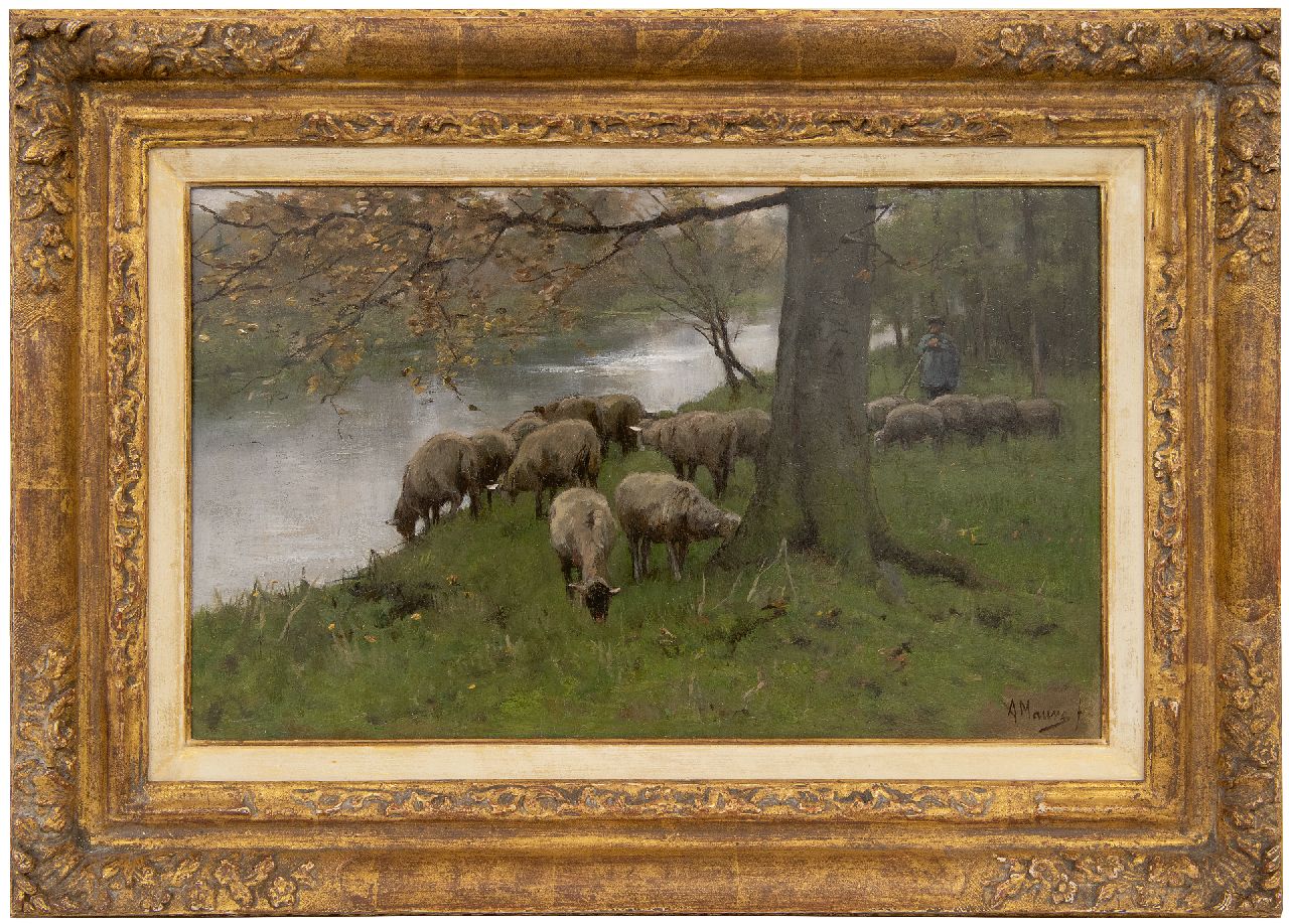 Mauve A. | Anthonij 'Anton' Mauve | Paintings offered for sale | A shepherd with his flock by a river, oil on panel 25.1 x 41.0 cm, signed l.r. Mauve A. | Anthonij 'Anton' Mauve | Paintings offered for sale | A shepherd with his flock by a river, oil on panel 25.1 x 41.0 cm, signed l.r.