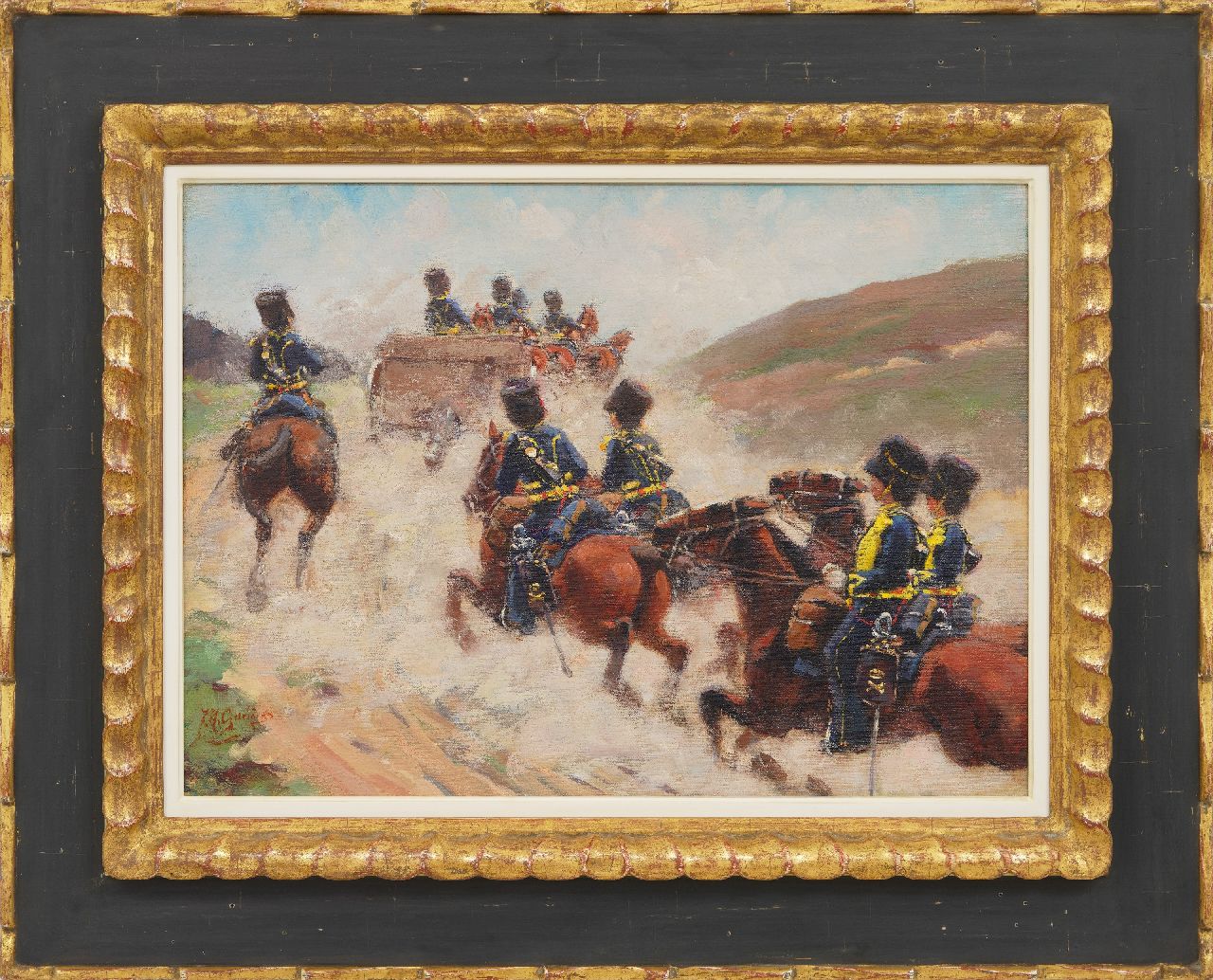 Geerlings J.H. | Jacob Hendrik Geerlings, Mounted artillerymen on the Deelense heide, oil on canvas 36.6 x 49.6 cm, signed l.l. Geerlings J.H. | Jacob Hendrik Geerlings, Mounted artillerymen on the Deelense heide, oil on canvas 36.6 x 49.6 cm, signed l.l.