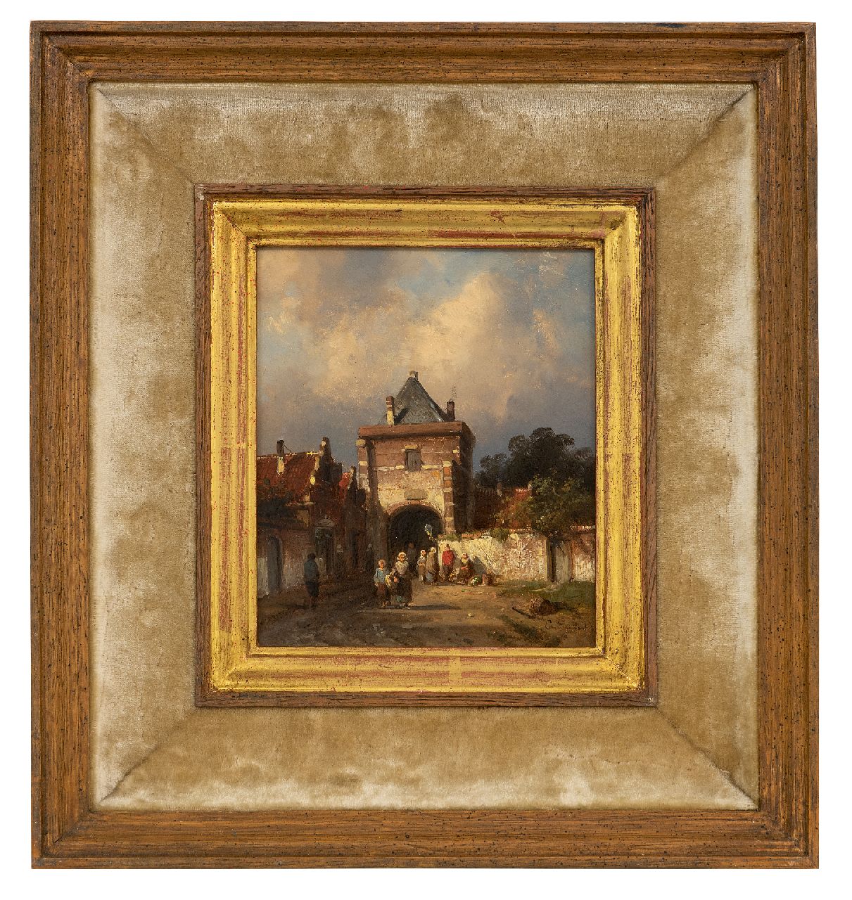 Leickert C.H.J. | 'Charles' Henri Joseph Leickert | Paintings offered for sale | A Dutch city gate with figures near a vegetable seller, oil on panel 16.3 x 13.8 cm, signed l.r. and ca. 1855 Leickert C.H.J. | 'Charles' Henri Joseph Leickert | Paintings offered for sale | A Dutch city gate with figures near a vegetable seller, oil on panel 16.3 x 13.8 cm, signed l.r. and ca. 1855