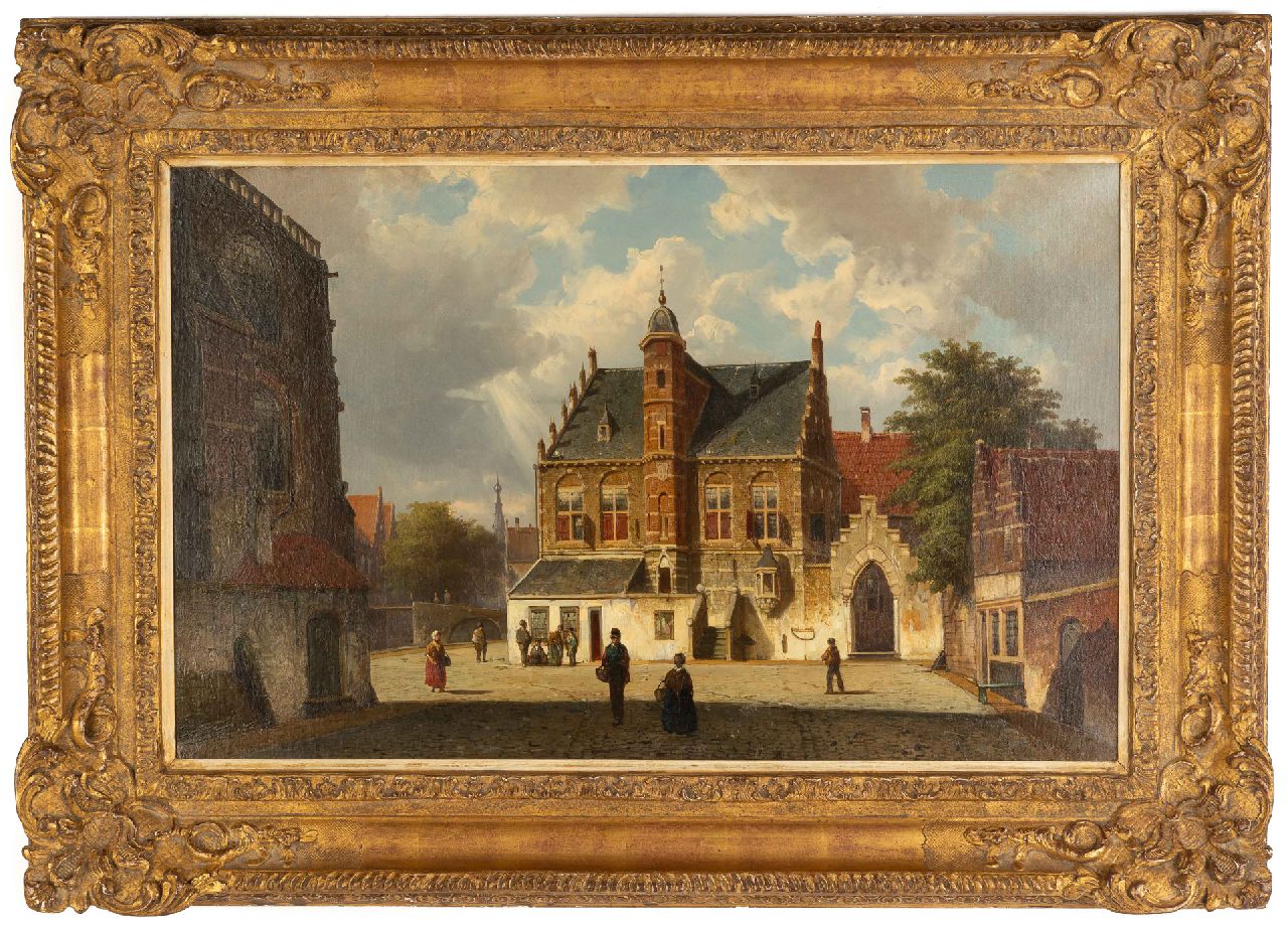 Koekkoek W.  | Willem Koekkoek, A sunlit village square with figures, oil on canvas 45.0 x 70.9 cm, signed l.l. with initials and dated '65