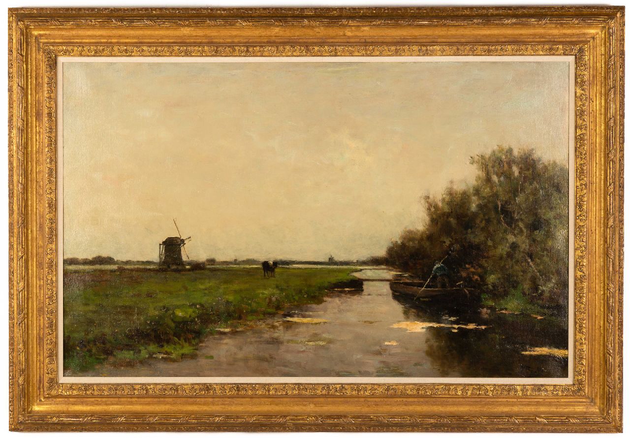 Bauffe V.  | Victor Bauffe, A farmer in a barge in a polder landscape, oil on canvas 63.2 x 100.3 cm, signed l.r.