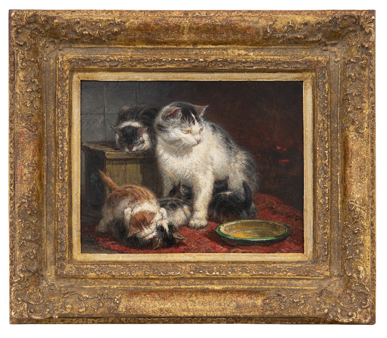 Ronner-Knip H.  | Henriette Ronner-Knip, A watchful mother, oil on panel 16.1 x 20.3 cm, signed u.l.