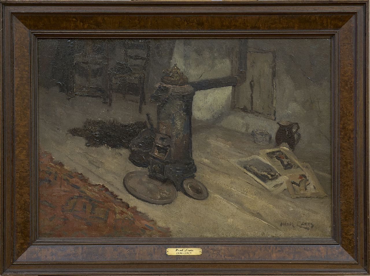 Leurs H.J.  | Hendrik Johannes 'Henk' Leurs | Paintings offered for sale | Interior with a round iron stove, oil on canvas 40.6 x 60.5 cm, signed l.r.