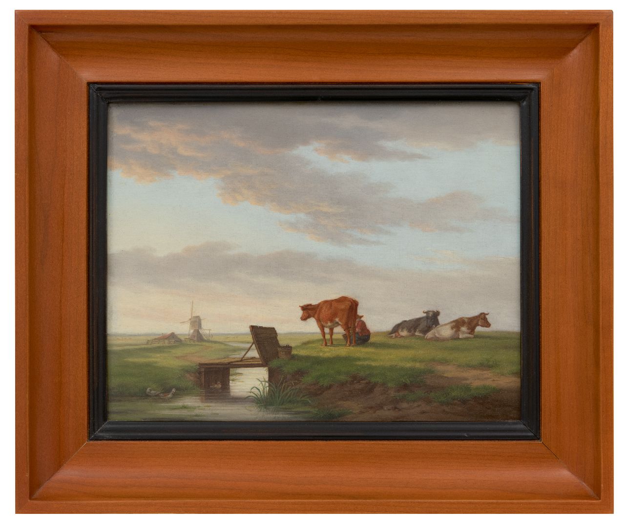 Burgh H.A. van der | Hendrik Adam van der Burgh | Paintings offered for sale | Cows in a landscape with a mill, oil on panel 20.4 x 26.3 cm, signed l.r. and dated 1821