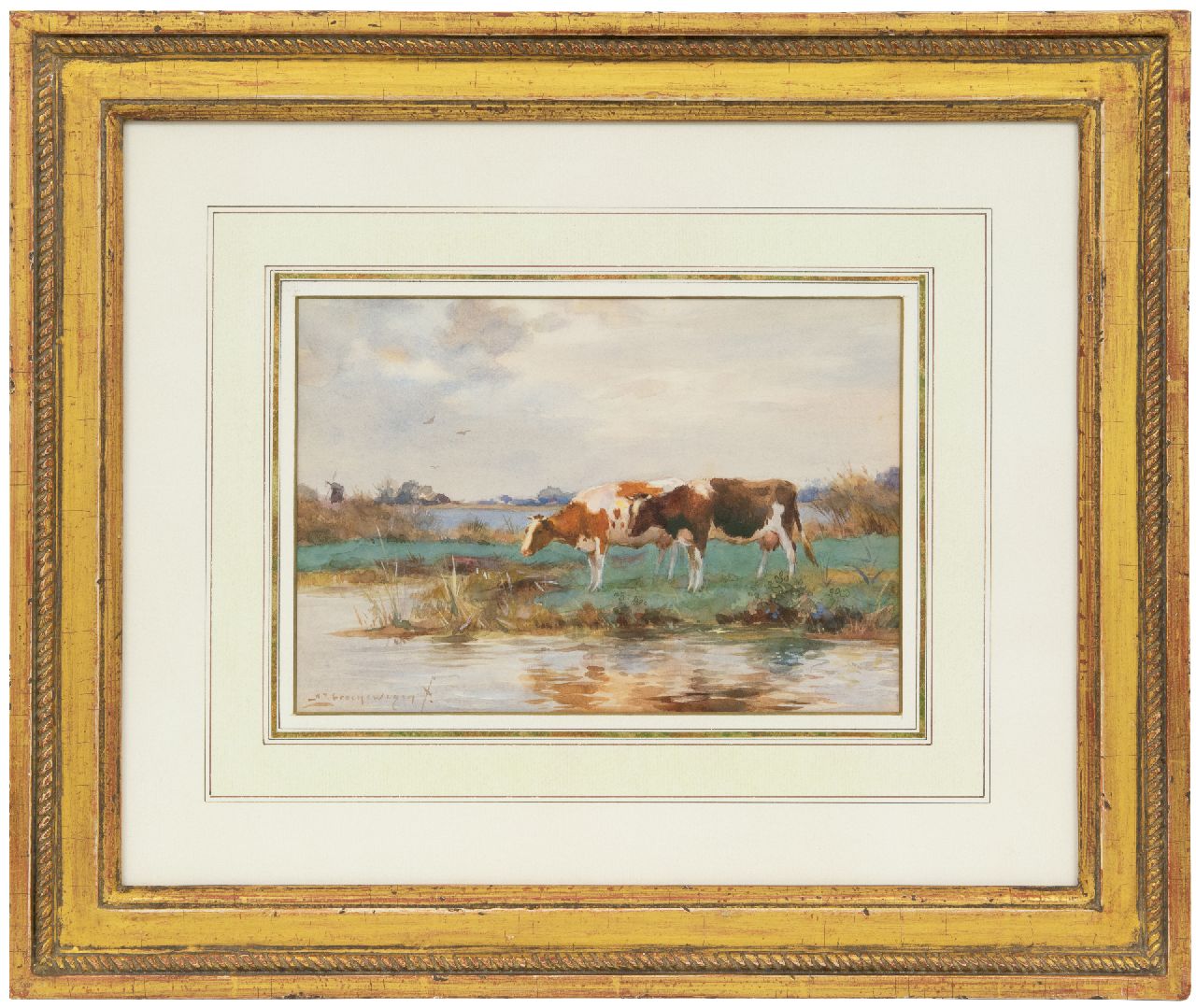 Groenewegen A.J.  | Adrianus Johannes Groenewegen | Watercolours and drawings offered for sale | Drinking cattle, watercolour on paper 18.0 x 25.5 cm, signed l.l.