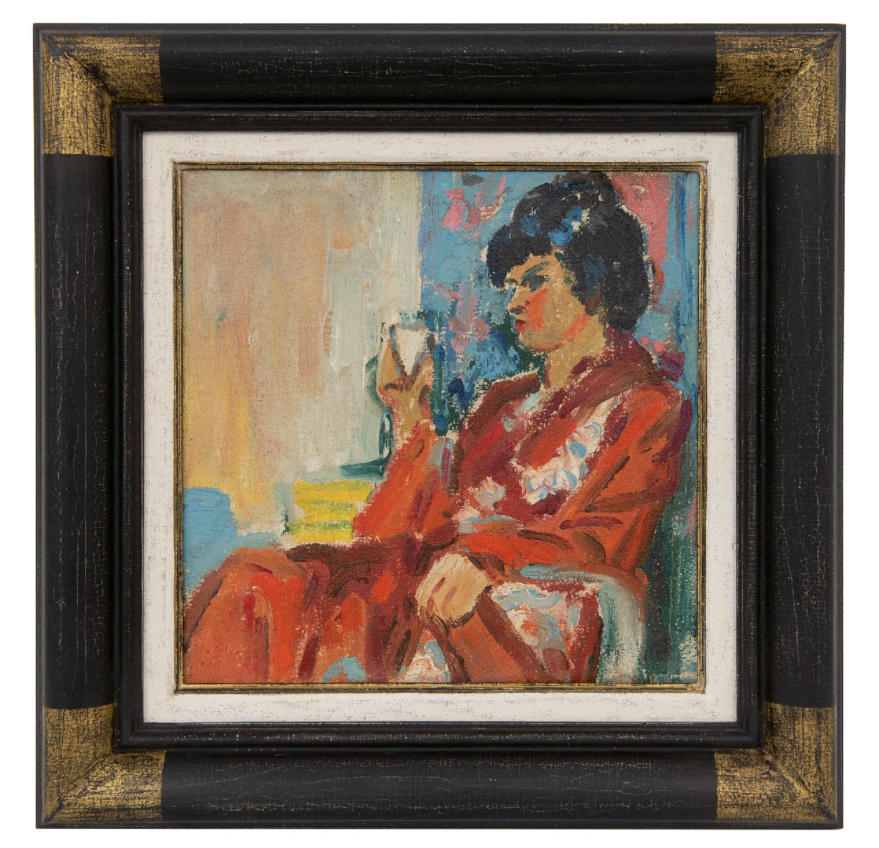 Dijkstra J.  | Johannes 'Johan' Dijkstra | Paintings offered for sale | Elegant lady resting in a chair, wax paint on canvas 25.2 x 25.2 cm, eind jaren '20