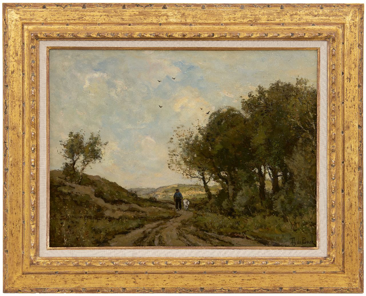 Bock T.E.A. de | Théophile Emile Achille de Bock, A goatheard on a path in the dunes, oil on canvas 42.8 x 58.0 cm, signed l.r.