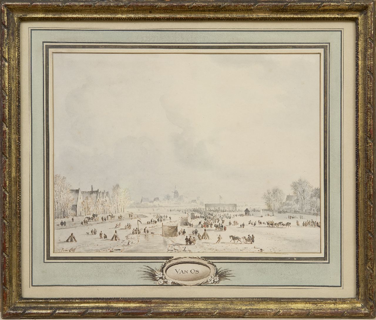Os P.F. van | Pieter Frederik van Os | Watercolours and drawings offered for sale | Winter amusement, brown ink and watercolour on paper 21.0 x 28.5 cm, signed l.l.