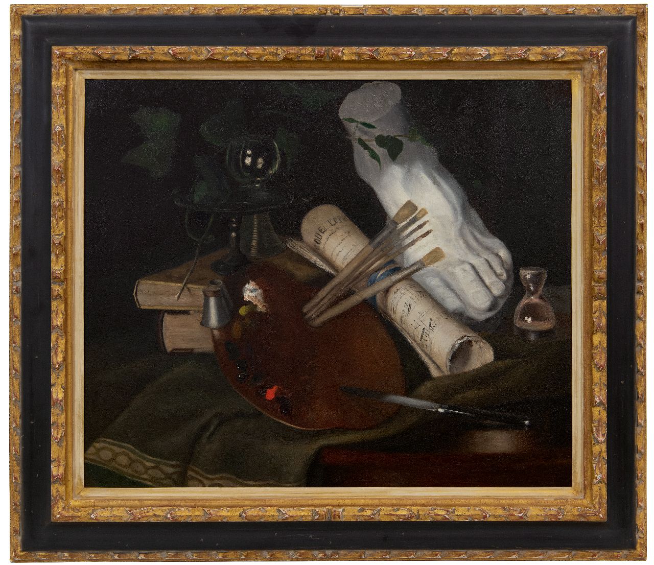 Kasteele J.M. van de | Johanna Margaretha van de Kasteele | Paintings offered for sale | Still life with painter's palette, oil on panel 45.0 x 53.0 cm, signed l.l. with initials