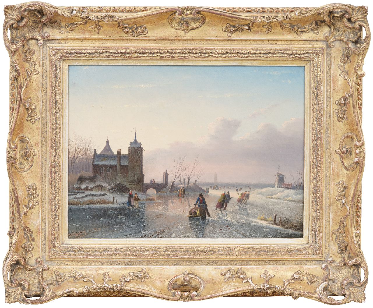 Spohler J.J.C.  | Jacob Jan Coenraad Spohler, Skaters on a frozen waterway, oil on canvas 25.6 x 34.7 cm, signed l.l. and dated '57