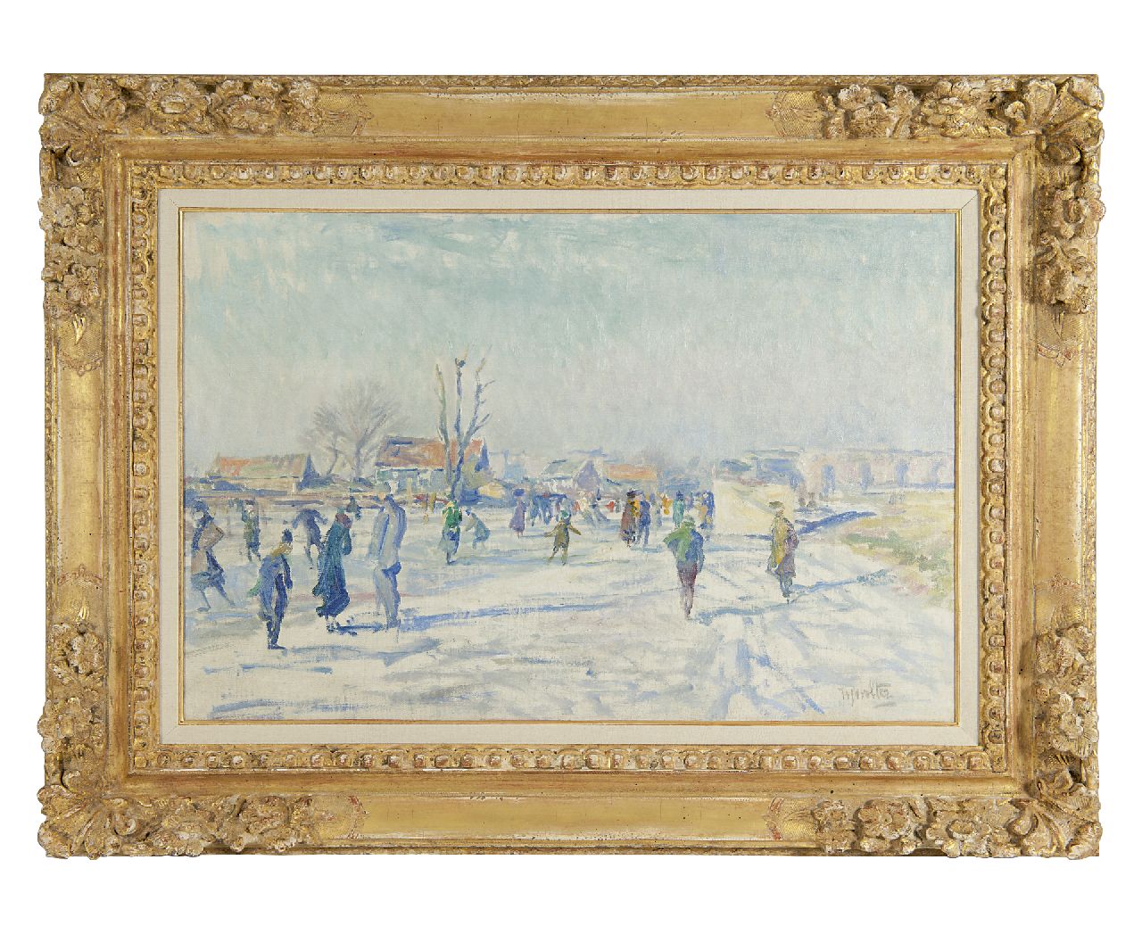 Wolter H.J.  | Hendrik Jan 'Henk' Wolter | Paintings offered for sale | Skaters on the Boerenwetering, Amsterdam, oil on canvas 40.5 x 60.6 cm, signed l.r. and carries studiostamp on the reverse and painted ca 1915