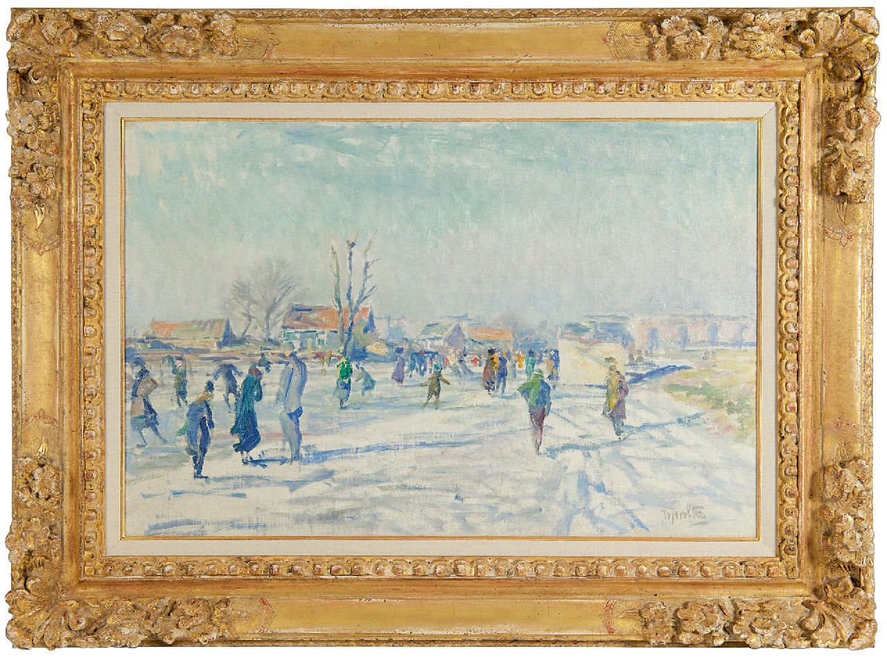 Wolter H.J.  | Hendrik Jan 'Henk' Wolter | Paintings offered for sale | Skaters on the Boerenwetering, Amsterdam, oil on canvas 40.5 x 60.6 cm, signed l.r. and carries studiostamp on the reverse and painted ca 1915