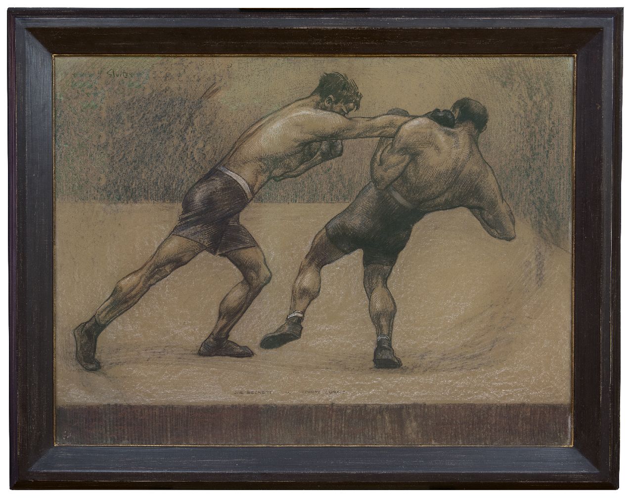 Sluiter J.W.  | Jan Willem 'Willy' Sluiter, The boxing match between Joe Beckett and Tommy Burns, London 1920, charcoal and pastel on paper laid down on board 70.6 x 101.5 cm, signed u.l. and on the reverse with artist's stamp and dated 'London' 1920