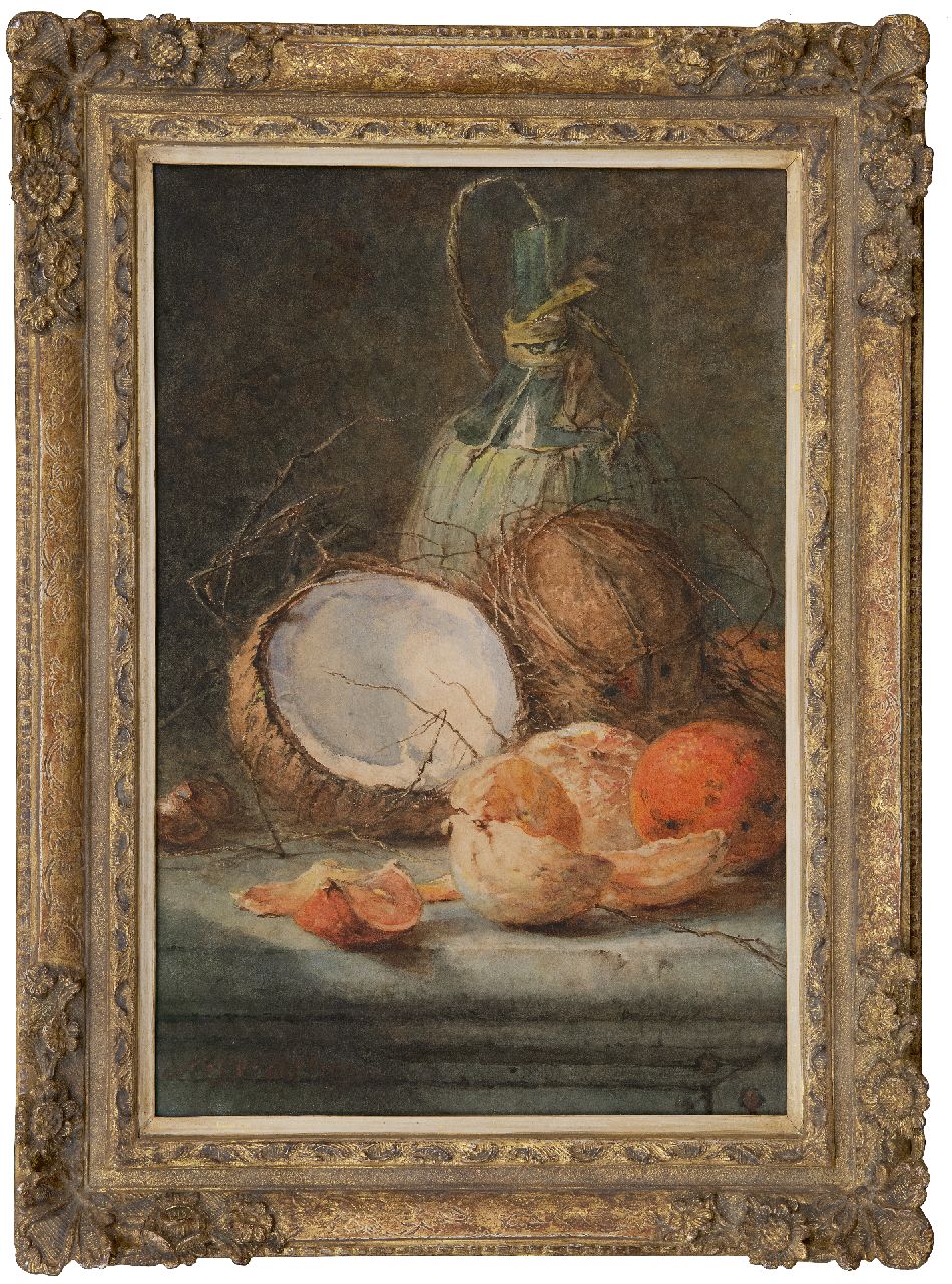 Vos M.  | Maria Vos | Watercolours and drawings offered for sale | Still life with a wine bottle, coconuts and oranges, pencil and watercolour on paper laid down on board 55.0 x 37.0 cm, signed l.l. and dated 1880