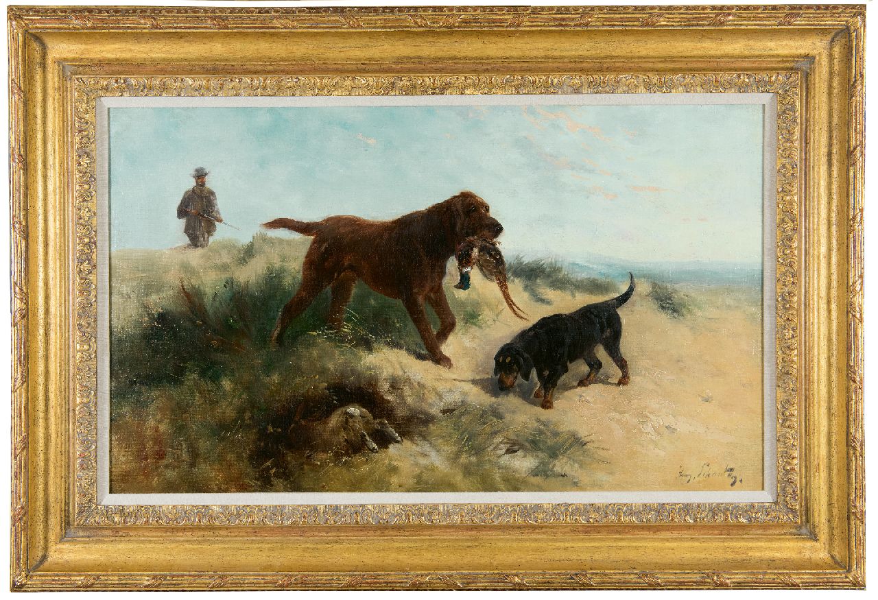 Schouten H.  | Henry Schouten | Paintings offered for sale | A hunter with his dogs in the dunes, oil on canvas 43.0 x 72.9 cm, signed l.r.