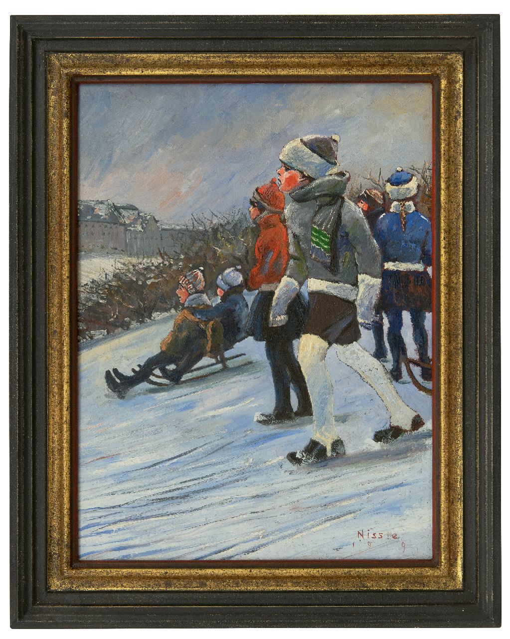 Nissle F.  | Fritz Nissle | Paintings offered for sale | Children on a sled going downhill, oil on painter's cardboard 41.6 x 31.2 cm, signed l.r. and dated 1919