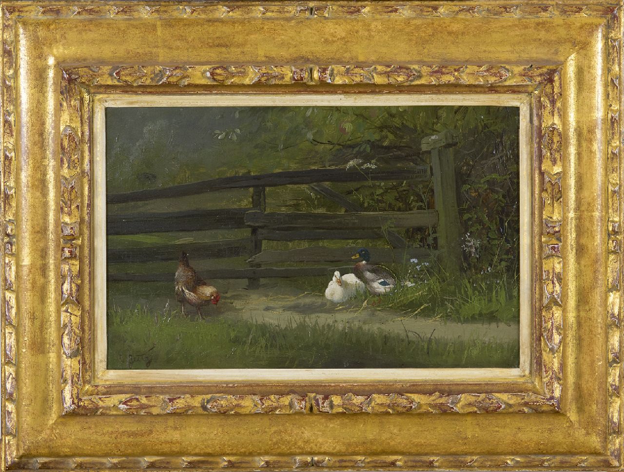 Jutz C.  | Carl Jutz | Paintings offered for sale | A chicken and ducks near a garden fence, oil on paper laid down on panel 21.6 x 32.1 cm, signed l.l.