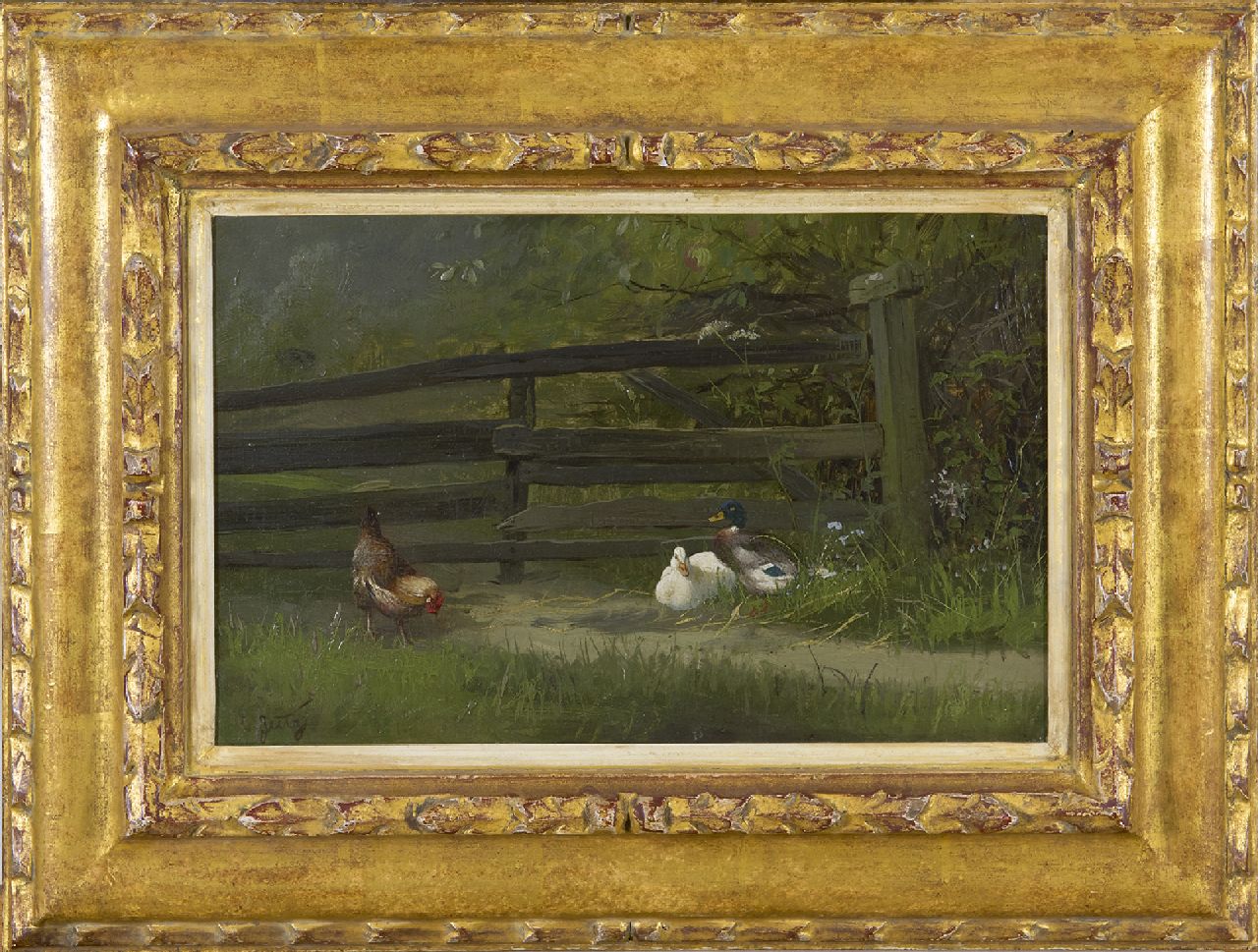 Jutz C.  | Carl Jutz | Paintings offered for sale | A chicken and ducks near a garden fence, oil on paper laid down on panel 21.6 x 32.1 cm, signed l.l. and wihtout frame