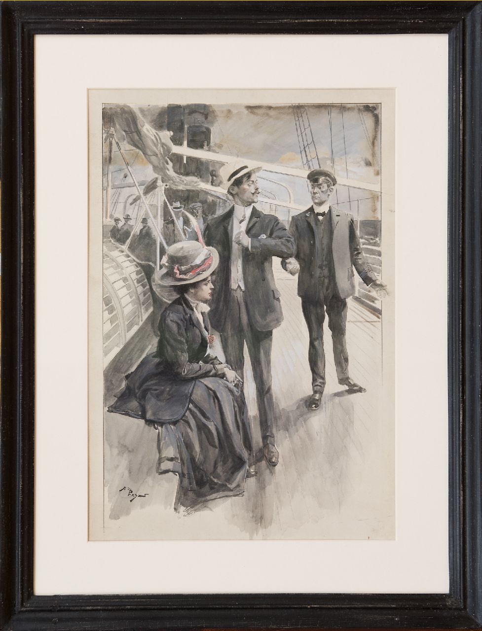 Parys A. de | A. de Parys | Watercolours and drawings offered for sale | An elegant couple on a ship deck, watercolour on painter's board 47.5 x 30.0 cm, signed l.l. and painted late 20s